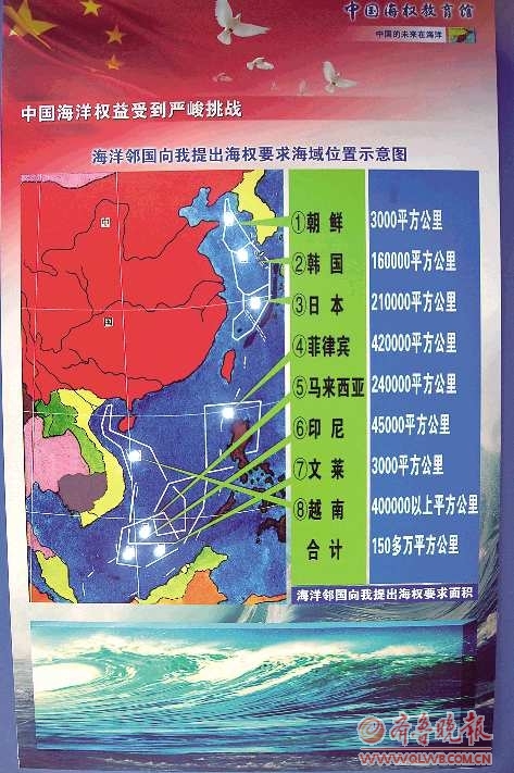海洋邻国向中国提出海权要求海域位置示意图